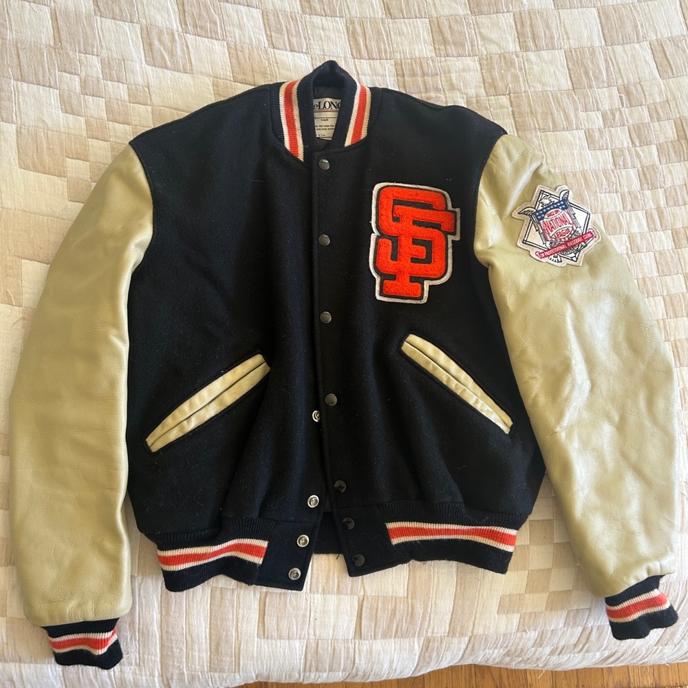 Vintage 90s Black and Tan San Francisco Giants Varsity Jacket with Patches